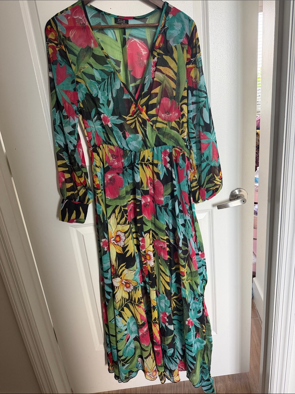 Liz Claiborne Black Floral Maxi Dress with Teal & Pink Accents